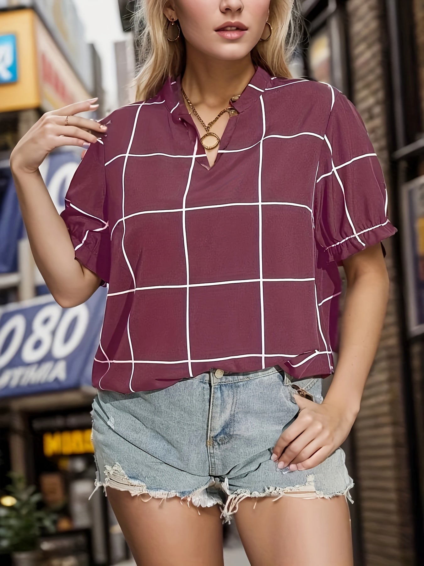  Grid Print Puff Sleeve Notched Neck Shirt Top