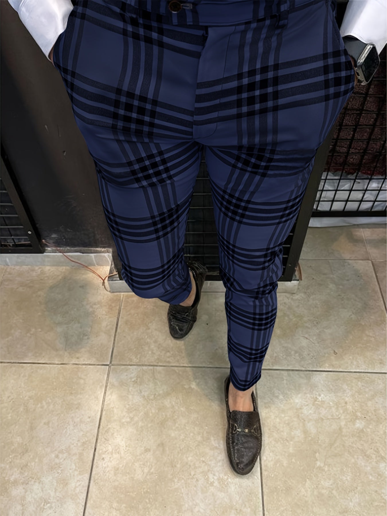 Men's Plaid Tapered Pants Slim Fit Business Pencil Pants