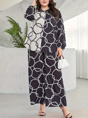  Geometric Print Button Up Blouse & Wide Leg Pants Set