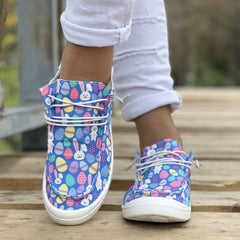 Women's Rabbit & Eggs Print Canvas Shoes Low Top Lace Up Round Toe Walking Shoes
