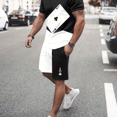 Poker Pattern Men's 2 Piece Outfits T-shirt & Drawstring Shorts Set