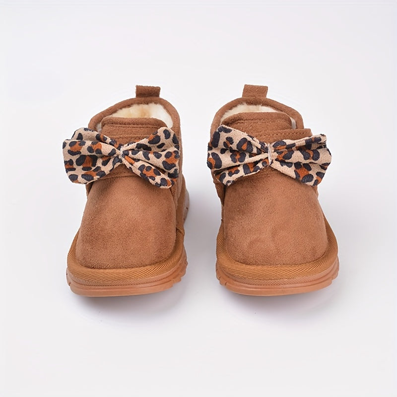 EDUBA Leopard Bow Snow Boots For Girls Warm Plus Fleece Boots For Winter