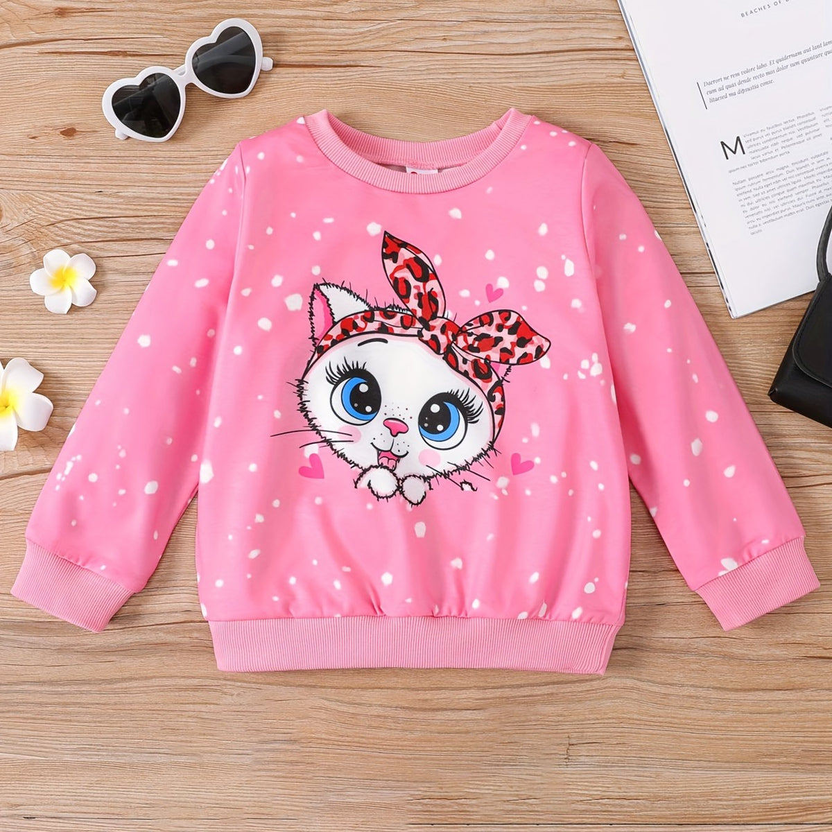 Toddler Girls Cat Print Long Sleeve Pullover Sweatshirt