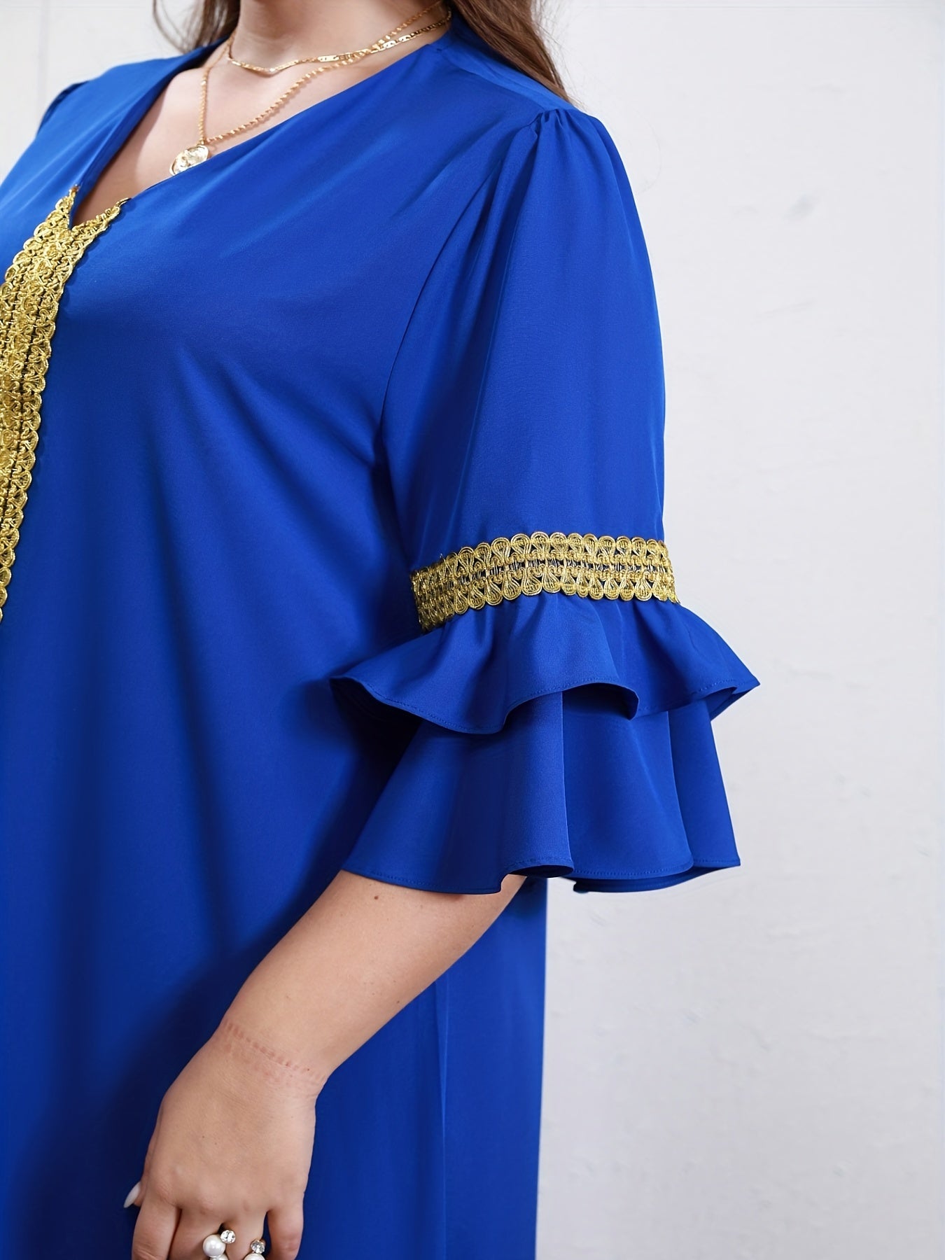  Ramadan Kaftan Dress Solid Contrast Lace Ruffle Sleeve V Neck