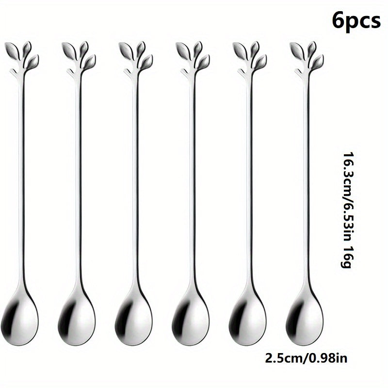 6pcs Stainless Steel Leaf Handle Dessert Spoon Fork Set