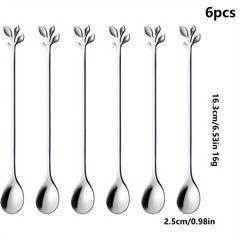 6pcs Stainless Steel Leaf Handle Dessert Spoon Fork Set