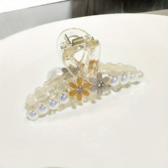 Faux Pearl Hair Claw With Flower Jelly Hair Claw Ponytail Holder