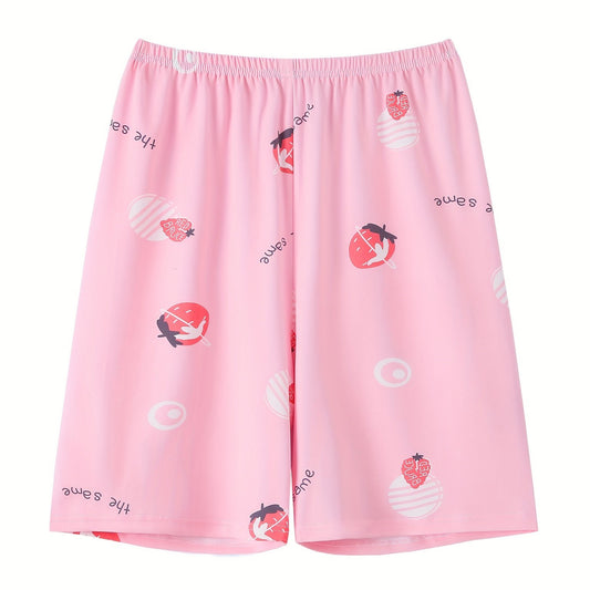  Women's Strawberry & Letter Print High Stretch Shorts