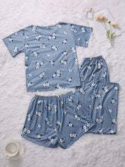 Floral Print Pajamas Set Short Sleeve Crew Neck Top & Shorts & Pants