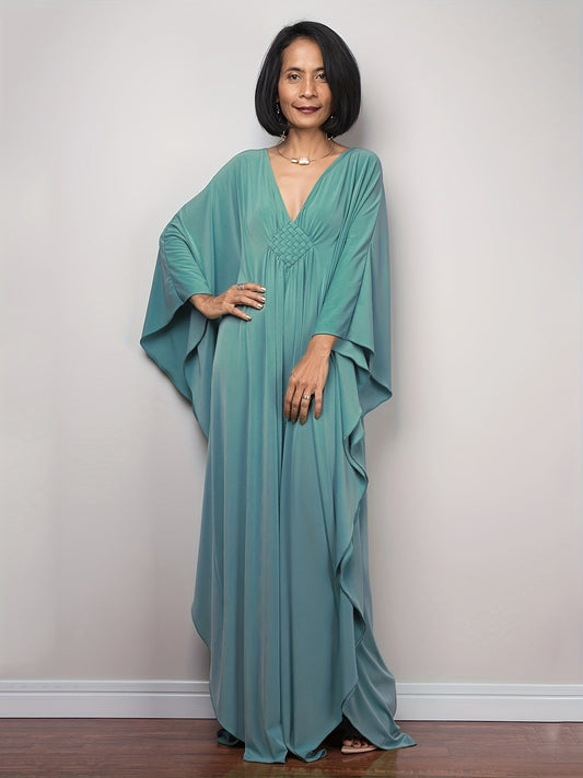 Boho Cover Up Plus Size Solid Batwing Sleeve V Neck Beach Dress