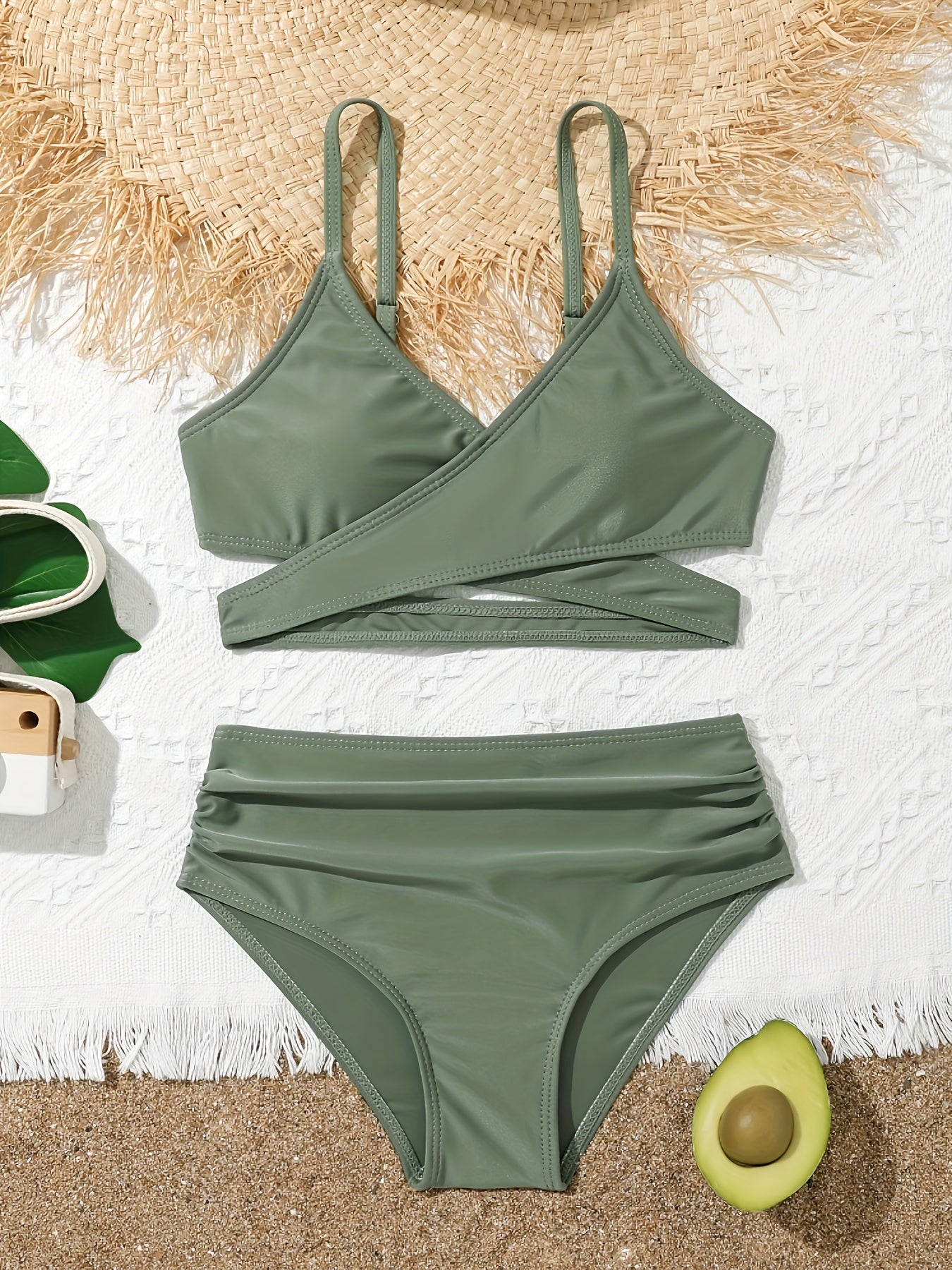 Girls 2pcs Swimsuit Set Crisscross Top Briefs Bikini Set Summer Gift