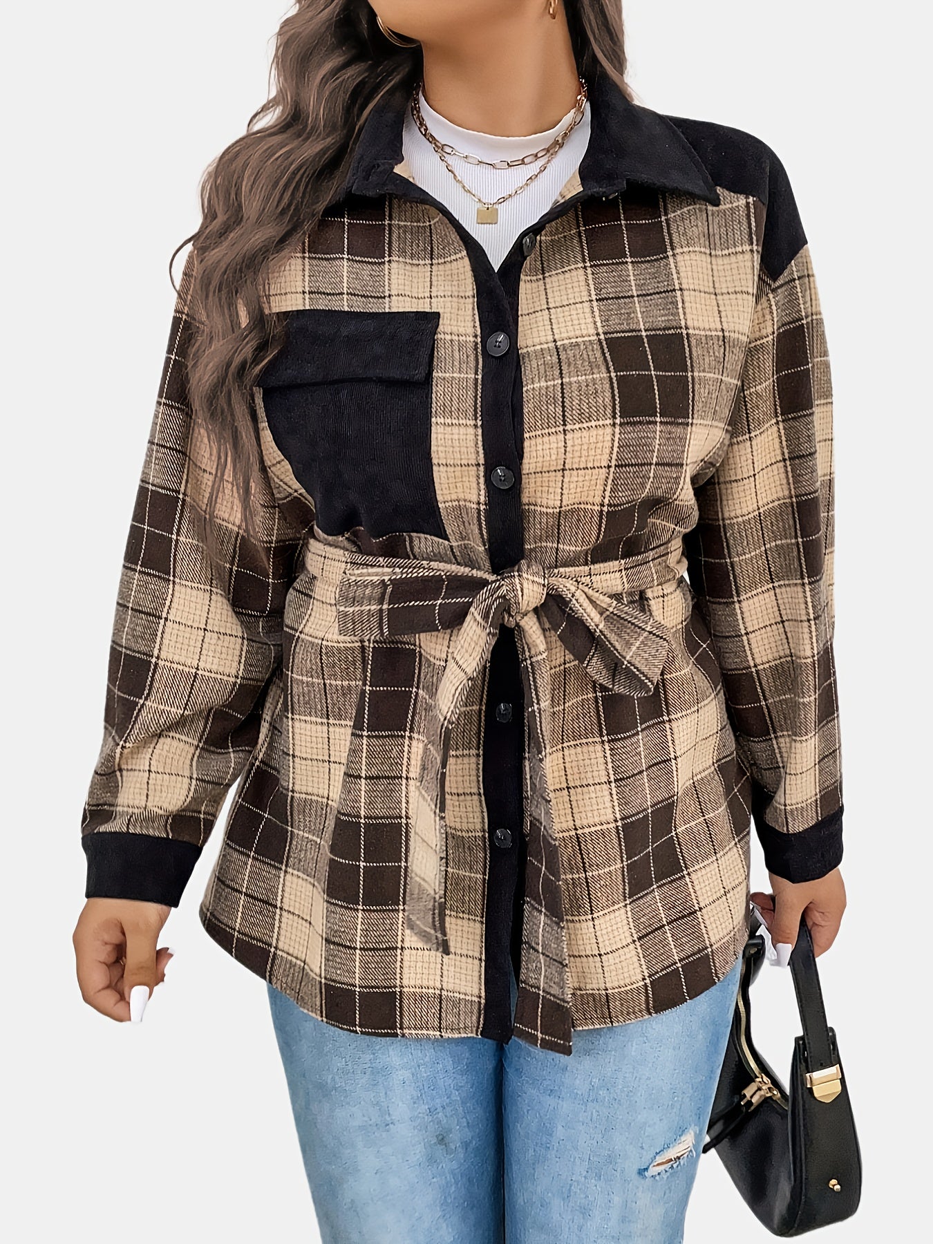  Colorblock Plaid Print Button Up Long Sleeve Shirt Coat
