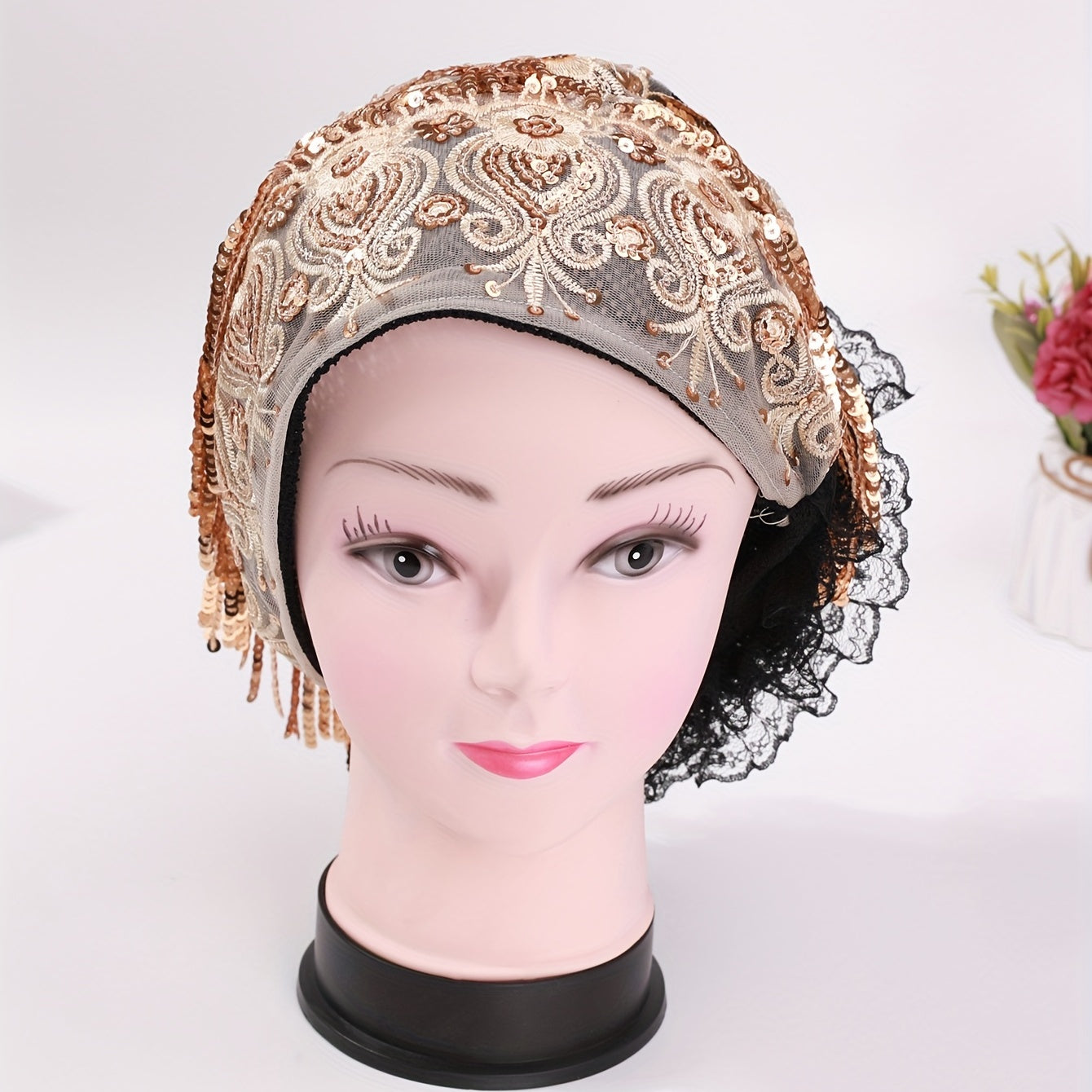 Sequin Tassel Embroidery Beanie Lace Flower Turban Cap Head Wrap