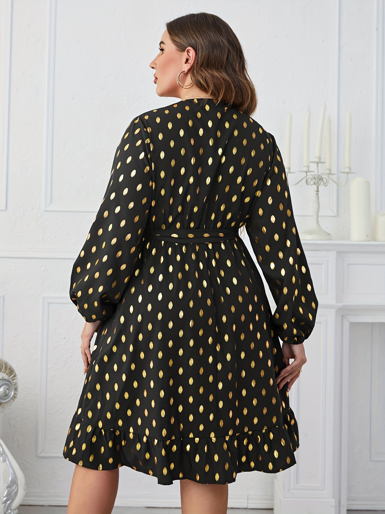 Women's Plus Dot Print Long Sleeve Surplice Neck Dress With Belt
