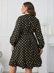 Women's Plus Dot Print Long Sleeve Surplice Neck Dress With Belt