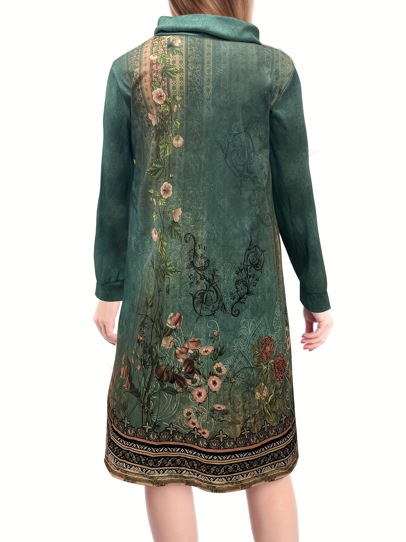  Floral Geometric Print Drawstring Hooded Maxi Dress