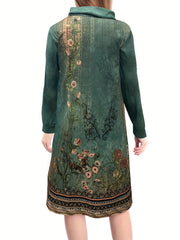  Floral Geometric Print Drawstring Hooded Maxi Dress