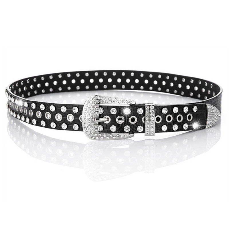 Wide Belt Rhinestone Inlaid Pin Buckle Perforation Belt