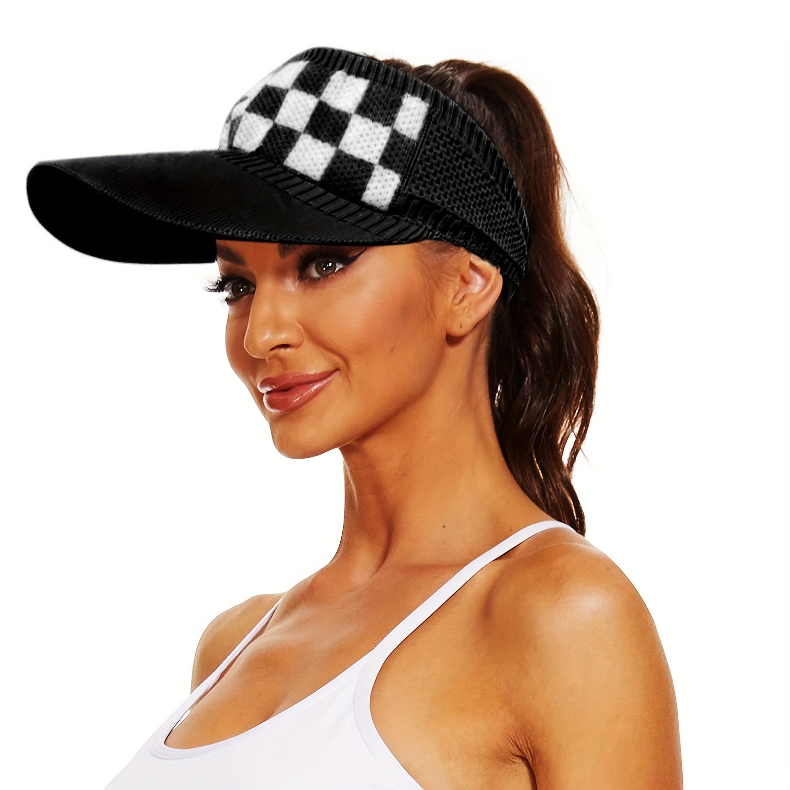 Plaid Pattern Knitted Visor Hat Elastic UV Protection Ponytail Sun Hats