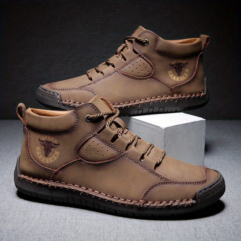 Men's Leather Stitch Ankle Boots Lace Up Outdoor Wear Resistant Non Slip