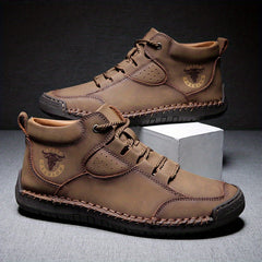 Men's Leather Stitch Ankle Boots Lace Up Outdoor Wear Resistant Non Slip