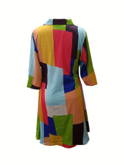  Colorblock Grid Print Half Sleeve V Neck Dress With Pockets