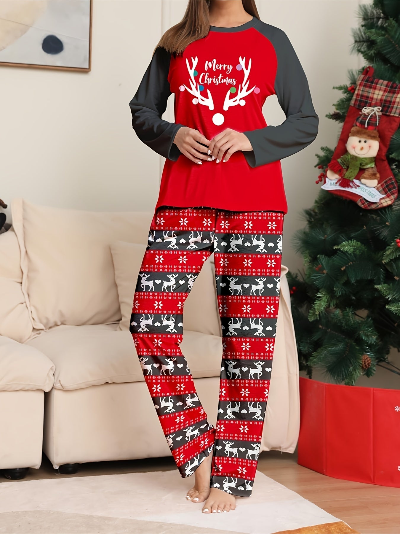  Christmas Pajama Set Women's Reindeer & Stripe Print Top & Pants