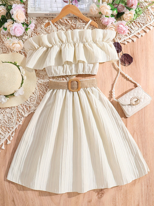 Girl's Off Shoulder Ruffle Camisole & Flared Skirt Set - Summer Outfits