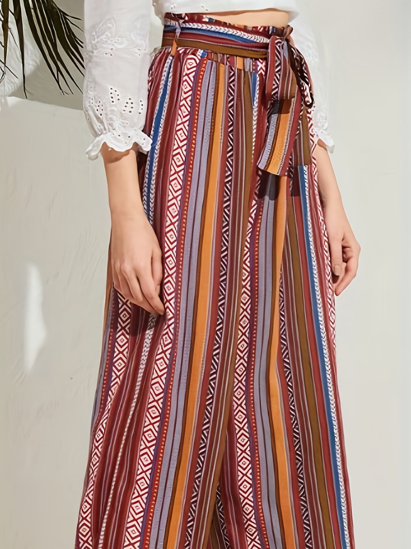  Patchwork Print Wide Leg Trousers with Belt