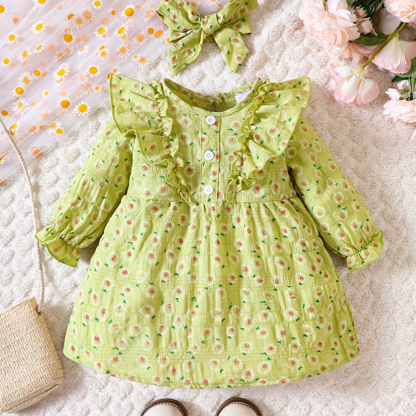 Infant Girl Daisy Print Dress Headband Set