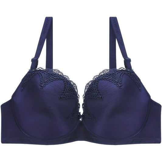 Bra Women's Plus Satin Contrast Lace Hook & Eye High Stretch Solid Bra