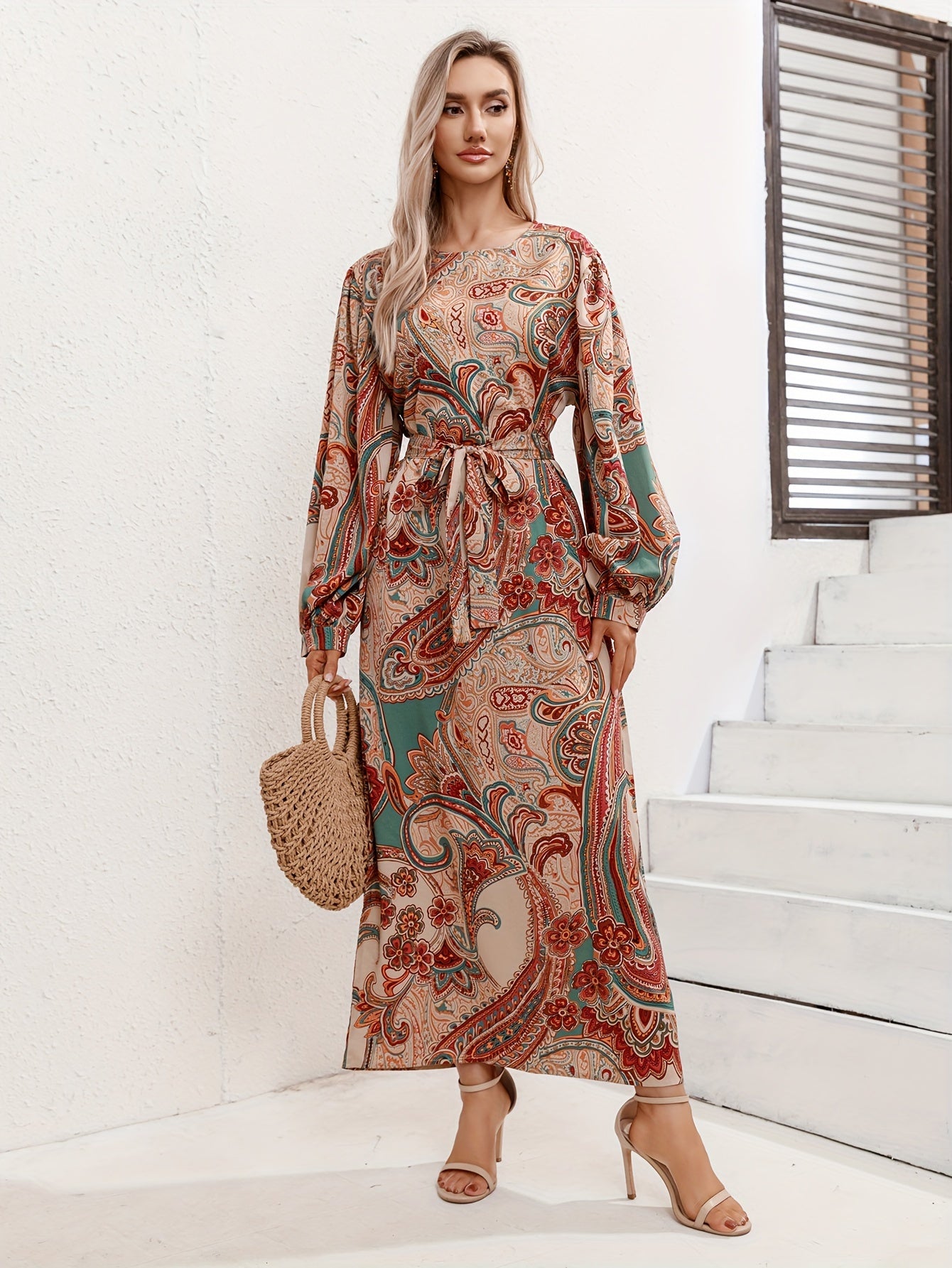 Boho Plus Paisley Print Lantern Sleeve Maxi Dress