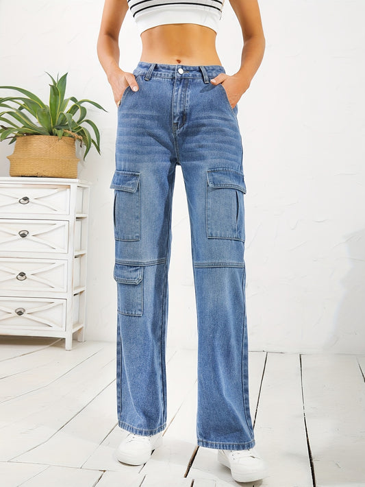 Cargo Pocket Whiskering Denim Pants Loose Straight Leg Jeans