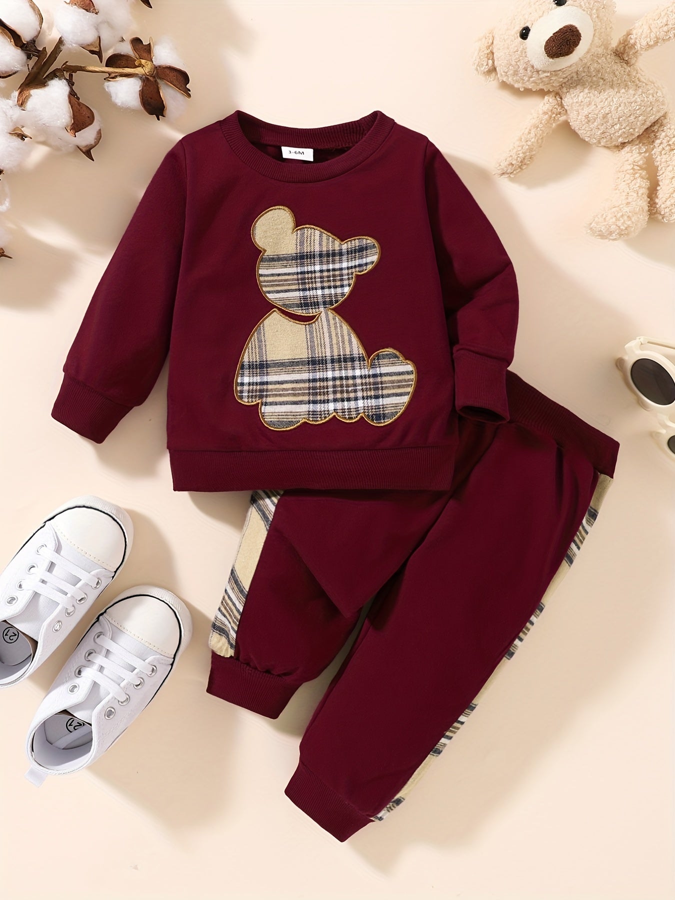 2pcs Toddler Baby Bear Embroidery Sweatshirt & Splicing Pant