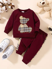 2pcs Toddler Baby Bear Embroidery Sweatshirt & Splicing Pant