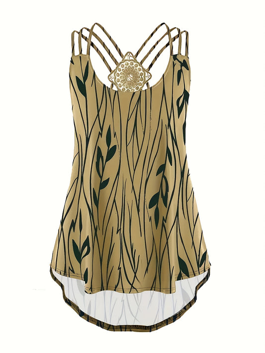 Leaf Print Lace Suspender Vest Top Sleeveless Tank Top