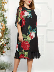 Floral Print Mesh Midi Dress with Ruffle Trim