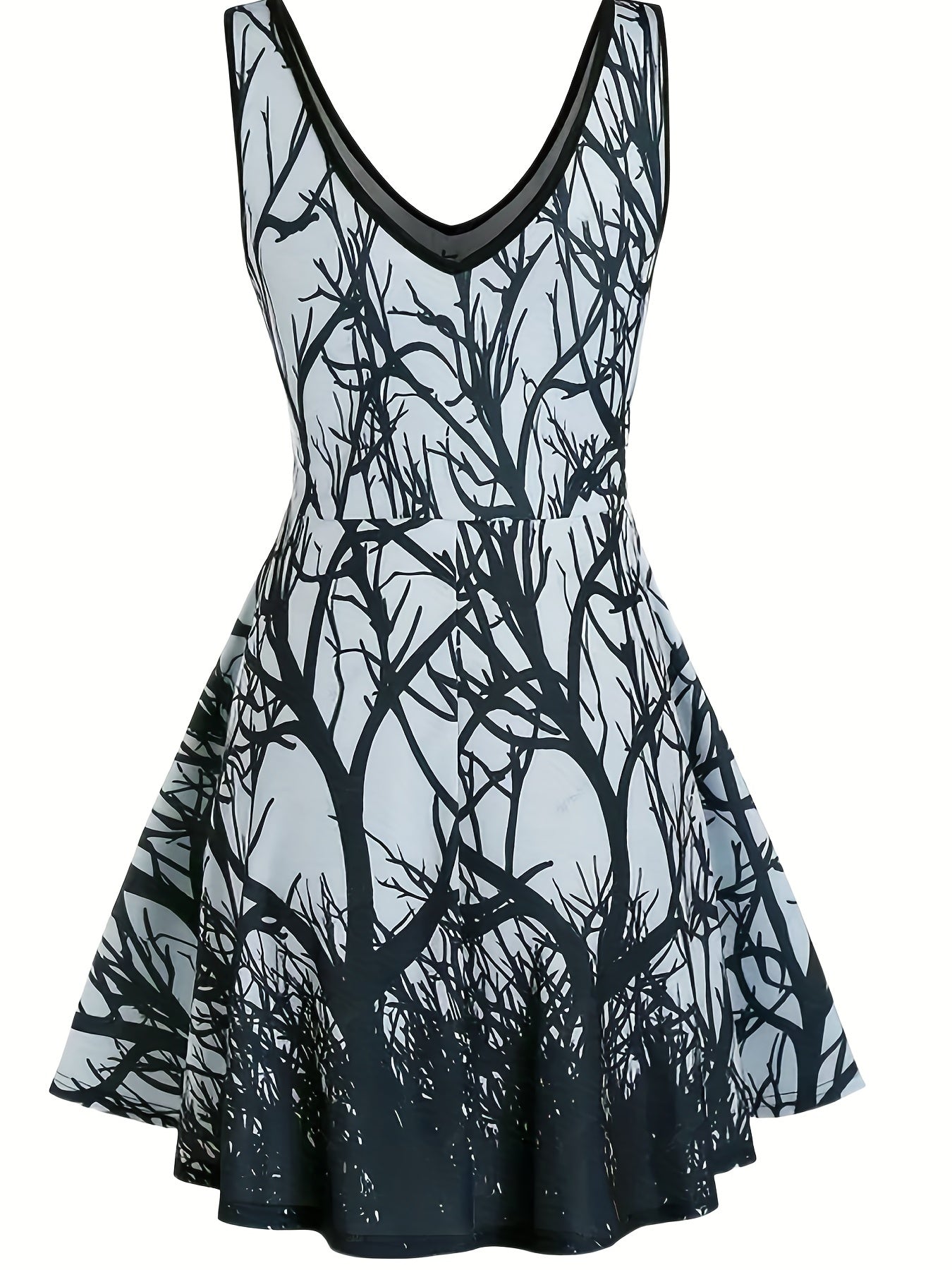  Casual Tank Dress Women's Plus Tree Print Lace Up V Neck Dress