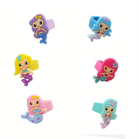 6pcs Cartoon Mermaid Silicone Ring Jewelry for Kids