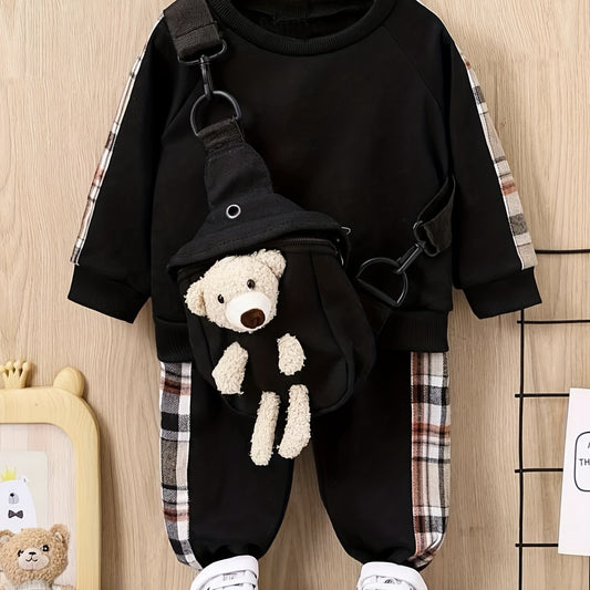 Boys Plaid Pullover Pants Set with Bear Bag