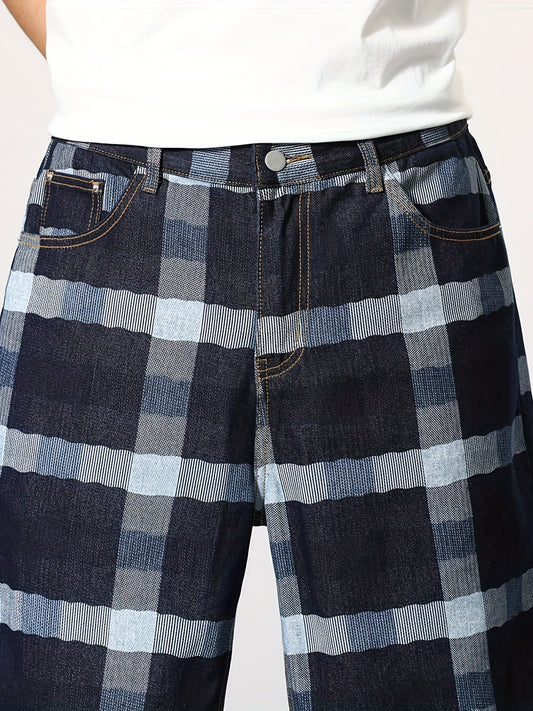 Vintage Plaid Denim Shorts Men's Casual Street Style Summer Shorts