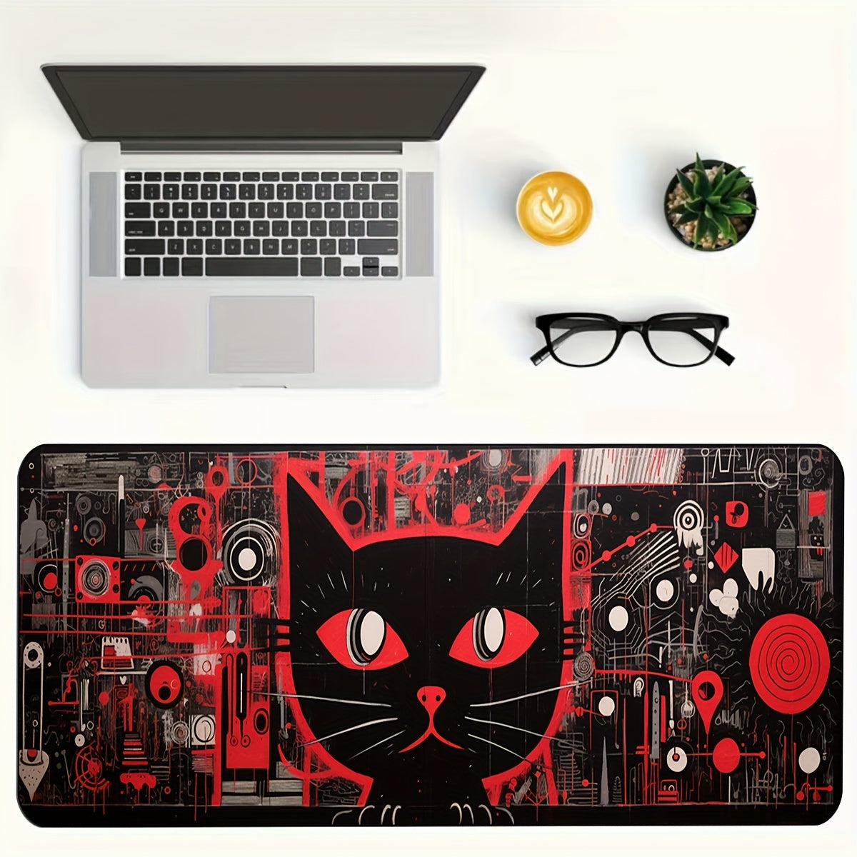 Cyber Kitten Pattern Mouse Pad - Anime Office Keyboard Pad