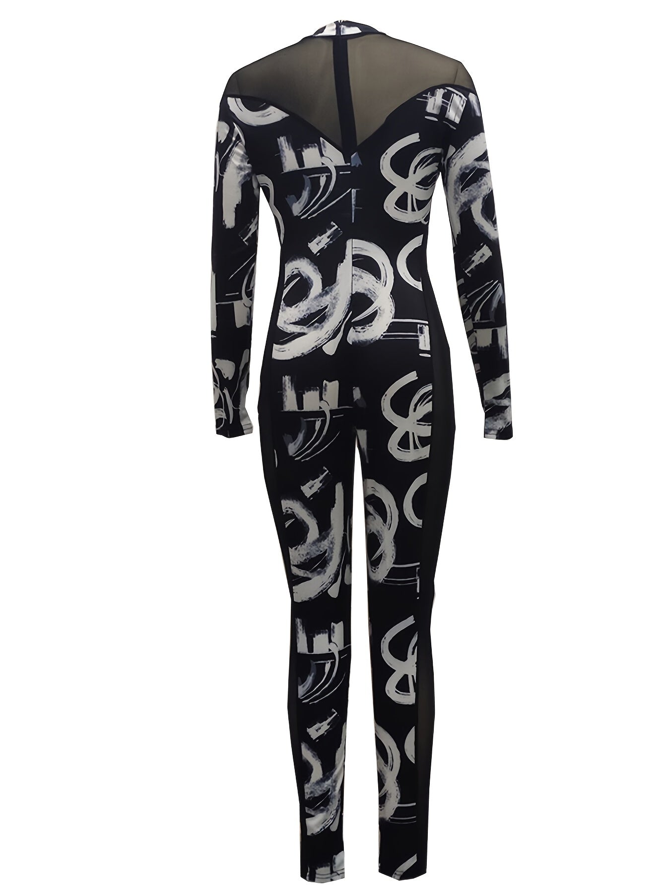 Abstract Print Skinny Illusion Jumpsuit Mock Neck Long Sleeve Jumpsuit