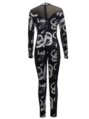 Abstract Print Skinny Illusion Jumpsuit Mock Neck Long Sleeve Jumpsuit