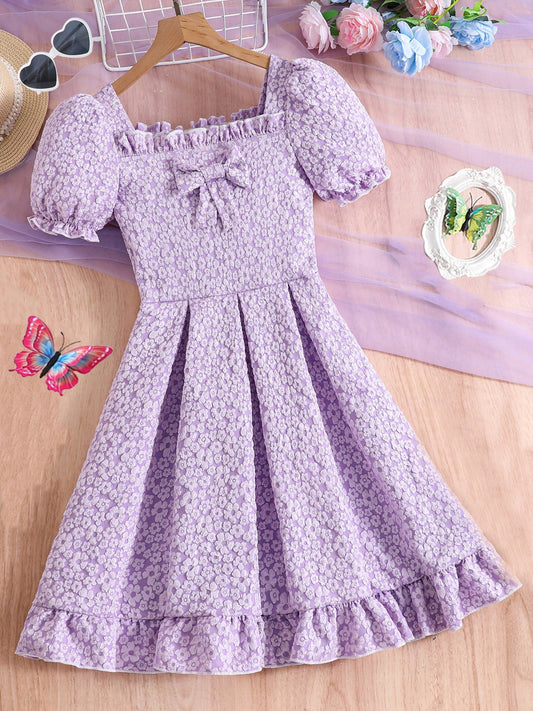 Girls' Floral Square Neck Pleated Tunic Dress Casual Party Holiday