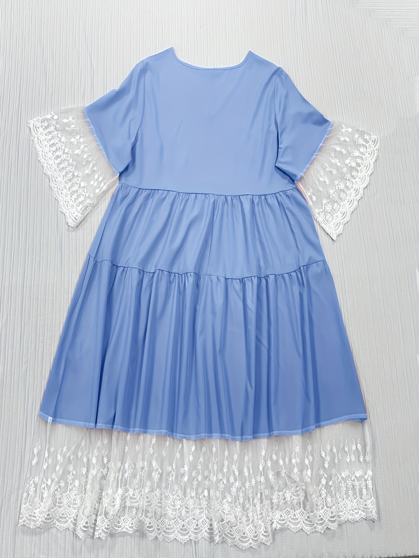  Contrast Lace Bell Sleeve V Neck Smock Dress