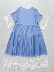  Contrast Lace Bell Sleeve V Neck Smock Dress