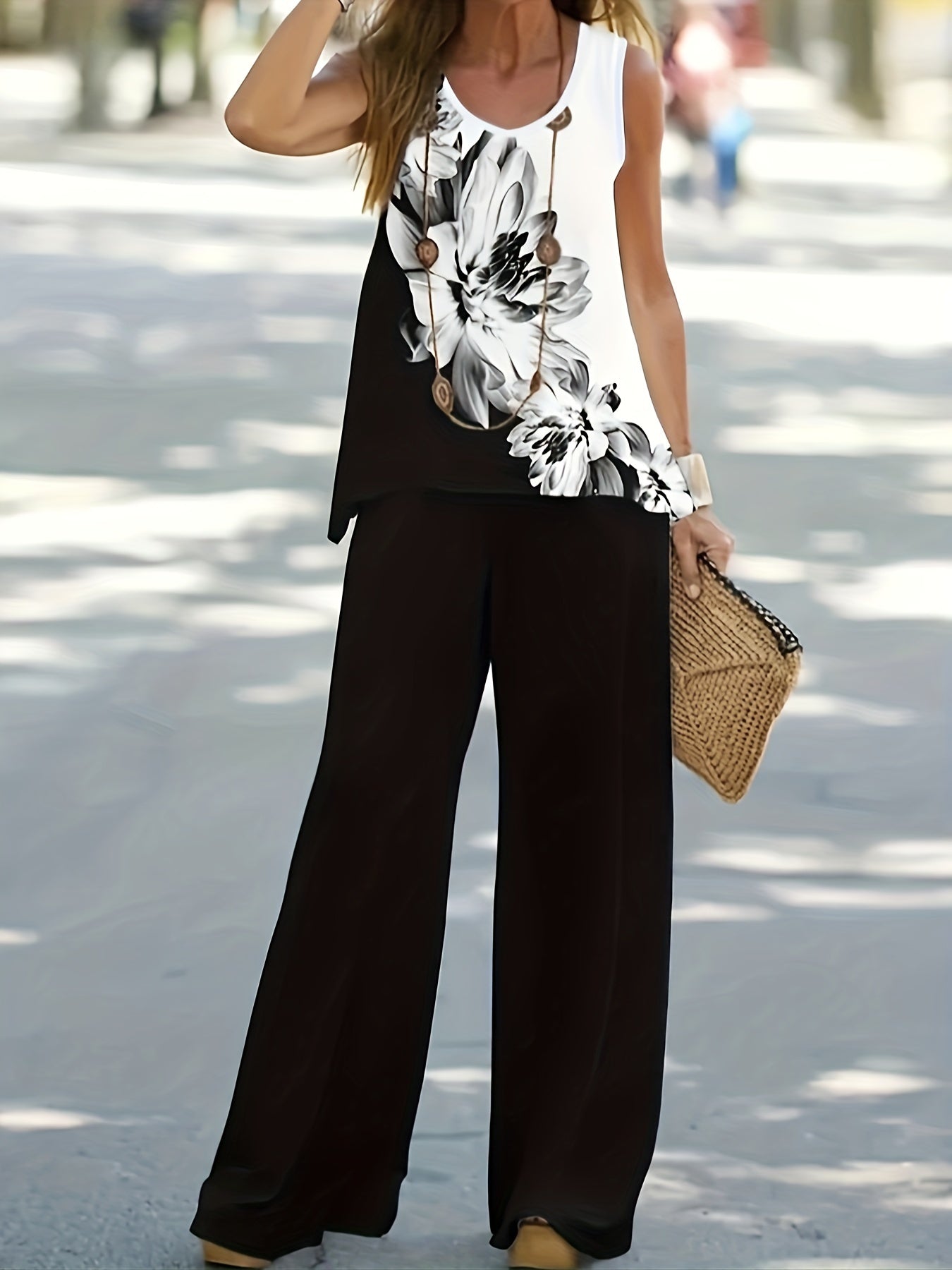 Floral Print Block Top & Solid Wide Leg Pants Set