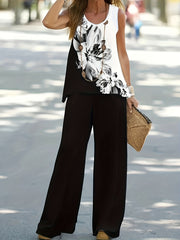 Floral Print Block Top & Solid Wide Leg Pants Set