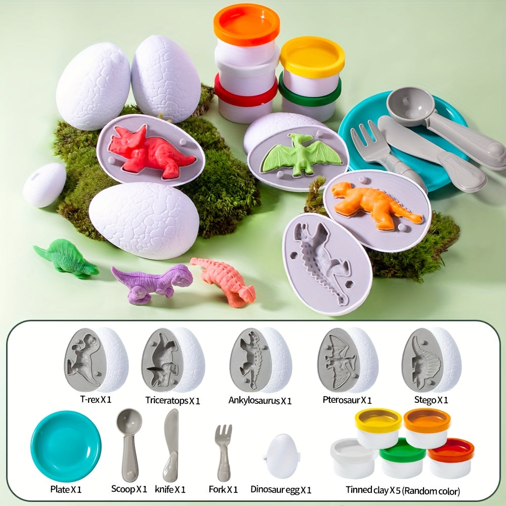 Dinosaur Clay Pretend Play Toy Set with Models, Molds, Tools